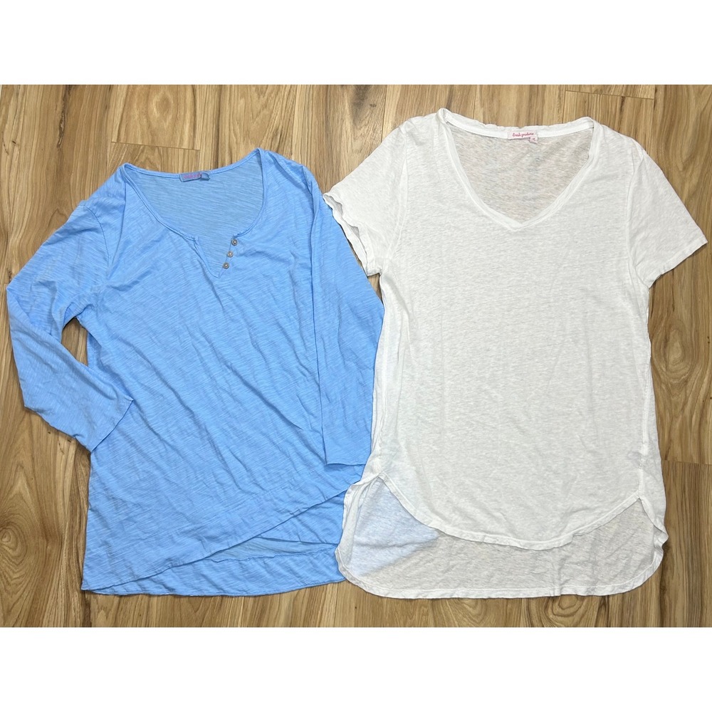Fresh Produce Tops Bundle (2) Womens L Blue White Linen Cotton Slub Henley Tee
